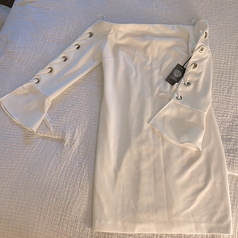 White strapless flounce laced sleeve dress. Size small. - Picture 2 of 7